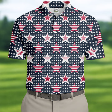Red And White Stripe Stars Seamless Pattern 250th Anniversary Golf Shirts For Men, Patriotic Golf Shirt