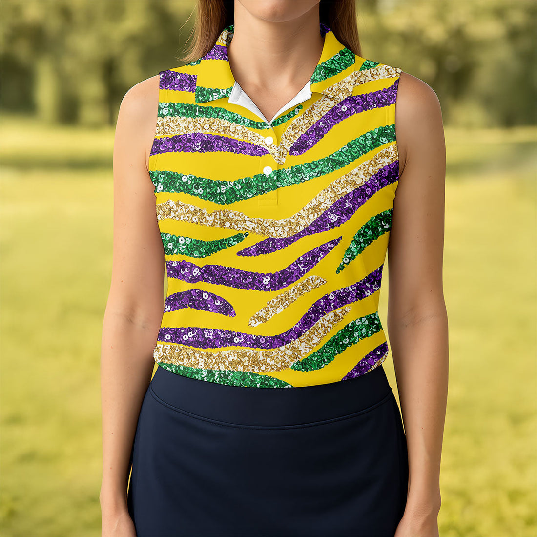 Purple Green Gold Sequin Pattern Yellow Golf Shirt, Mardi Gras Golf Shirt, Women's Golf Tops, Ladies Golf Shirts