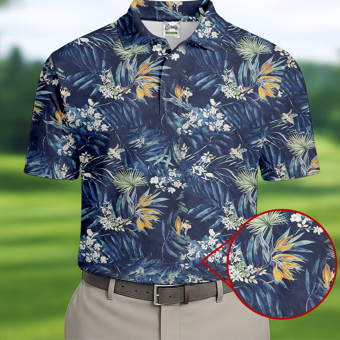 Navy Palm Tropical Hawaiian Vibe Golf Tops For Men, Golf Shirts For Men, Golf Gift For Men