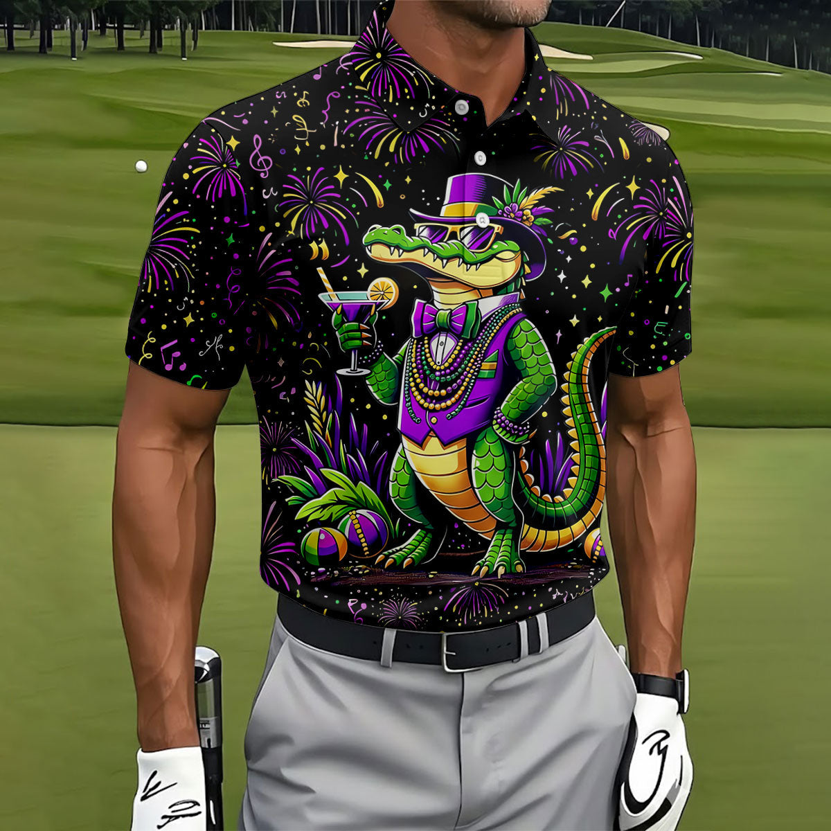 Mardi Gras Aligator Purple Green Gold Confetti Star Golf Tops For Men, Polo ShirtFor Men, Golf Shirts For Men