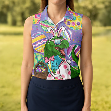 T-Rex Bunny Painted Easter Eggs Women Golf Top, Fun Women's Golf Shirts, Ladies Golf Shirts