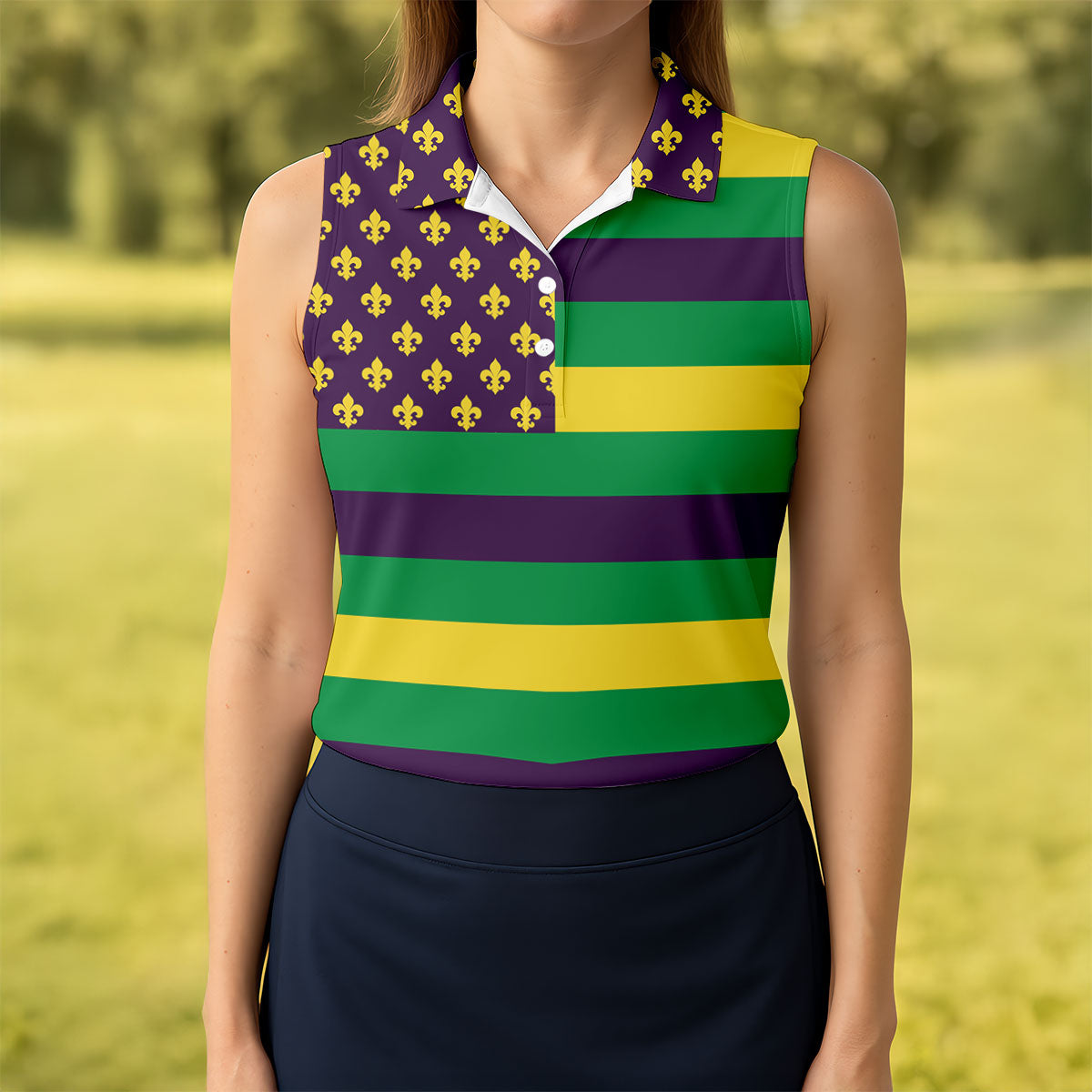 Mardi Gras Flags Fleur De Lis Purple Green Gold Ladies Golf Tops, Women's Golf Tops, Ladies Golf Polos