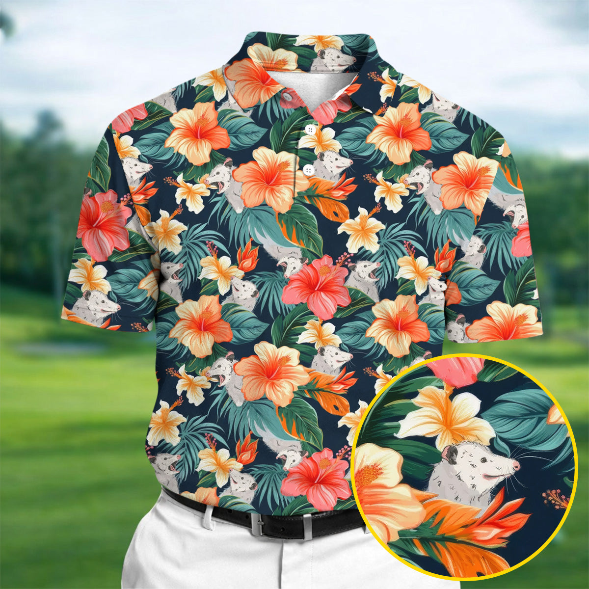 Large Hibiscus Flowers Tropical Vibe Golf Tops For Men, Hawaiian Golf Shirts, Polo Shirt Men