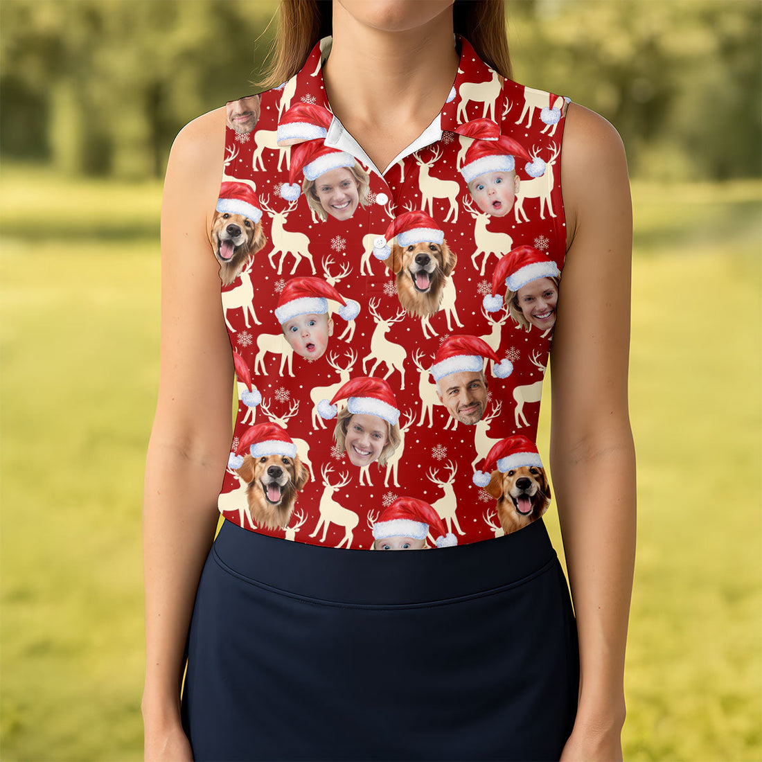 Custom Face Reindeer Pattern Beige And Red Christmas Golf Shirt, Ladies Golf Shirts, Golf Gifts For Women