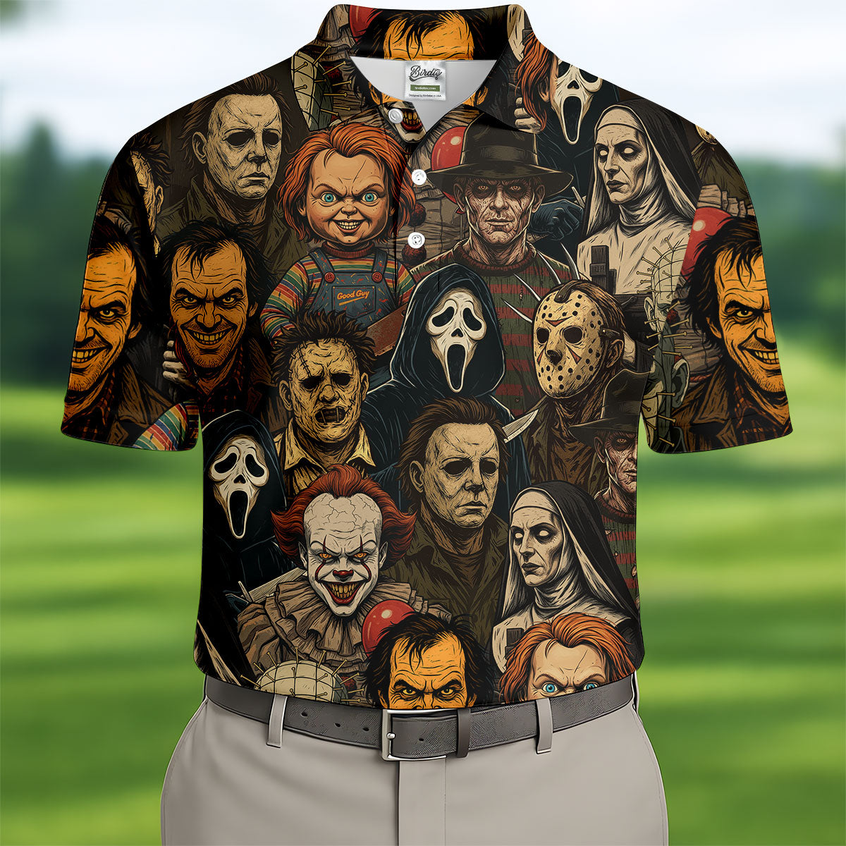 Horror Halloween Character Halloween Men's Polo Shirt Horror Movie Shirt, Mens Golf Shirts, Halloween Golf Shirt