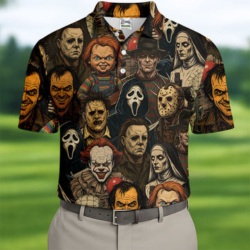 Horror Halloween Character Halloween Men's Polo Shirt Horror Movie Shirt, Mens Golf Shirts, Halloween Golf Shirt