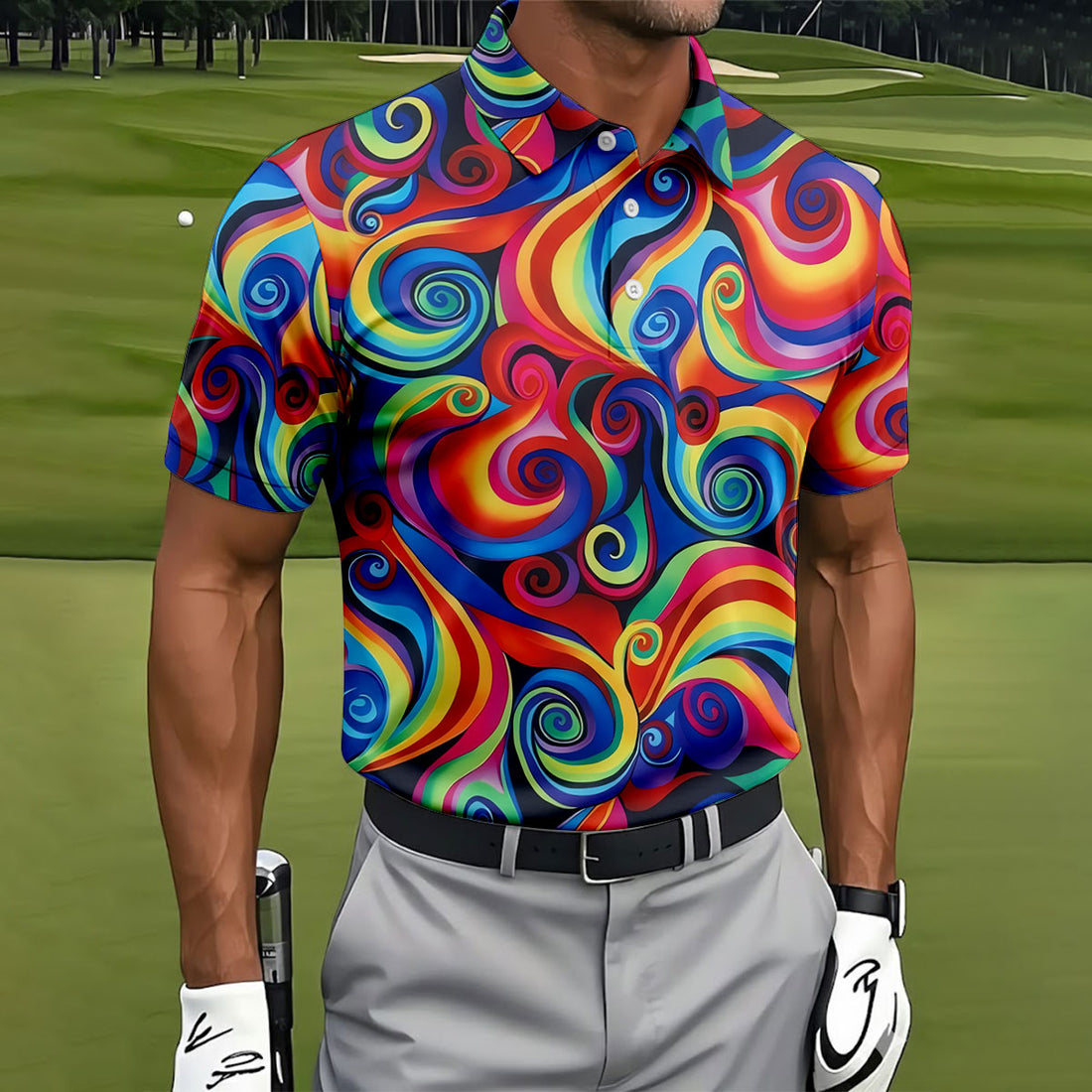 Colorful Rainbow Swirl Abstract Golf Shirt, Men's Golf Shirt, Golf Polo Shirts For Men, Men's Golf Apparel