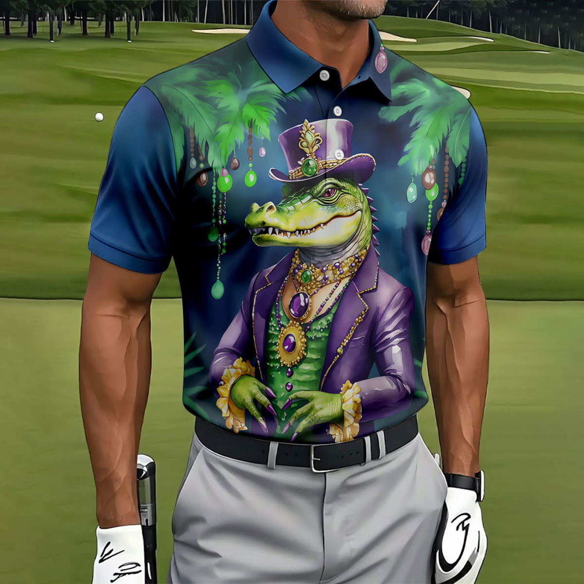 Mardi Gras Alligator Navy Golf Shirt, Men's Funny Golf Shirts, Polo ShirtFor Men, Golf Shirts For Men