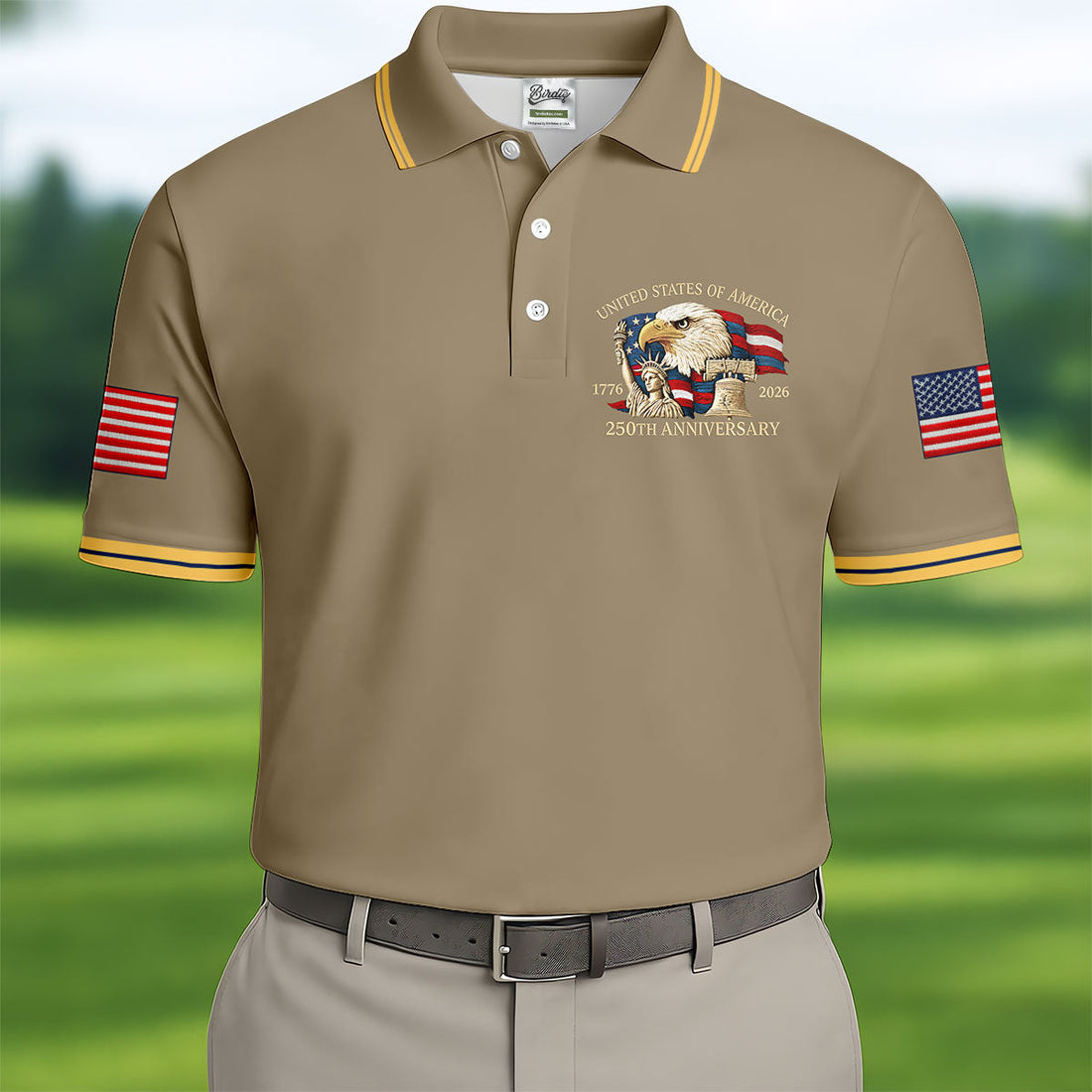 Bald Eagle American Flag 250 Years Sand Golf Shirt, Patriotic 4th Of July Golf Shirts For Men