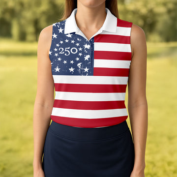 USA Flag Pattern Vintage Golf Shirt, 250th Anniversary Patriotic Golf Shirt, 4th Of July Women's Golf Tops