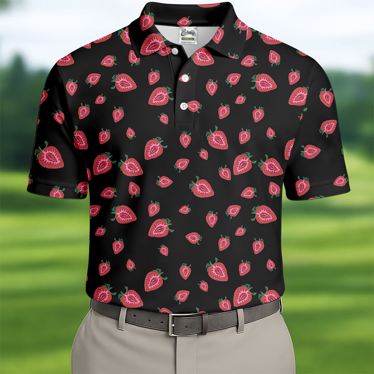 Strawberry Slice Black Golf Shirt, Men's Golf Shirt, Hawaiian Golf Shirt, Golf Shirts For Men
