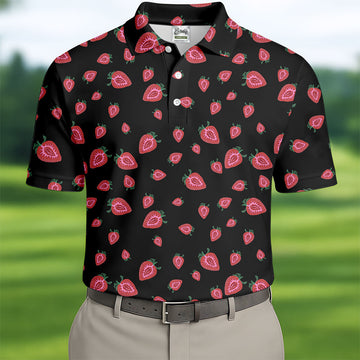 Strawberry Slice Black Golf Shirt, Men's Golf Shirt, Hawaiian Golf Shirt, Golf Shirts For Men
