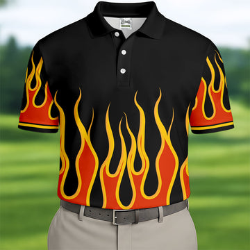 Black Orange Yellow Flame Sleeve Golf Shirt, Mens Golf Polo, Printed Golf Shirts