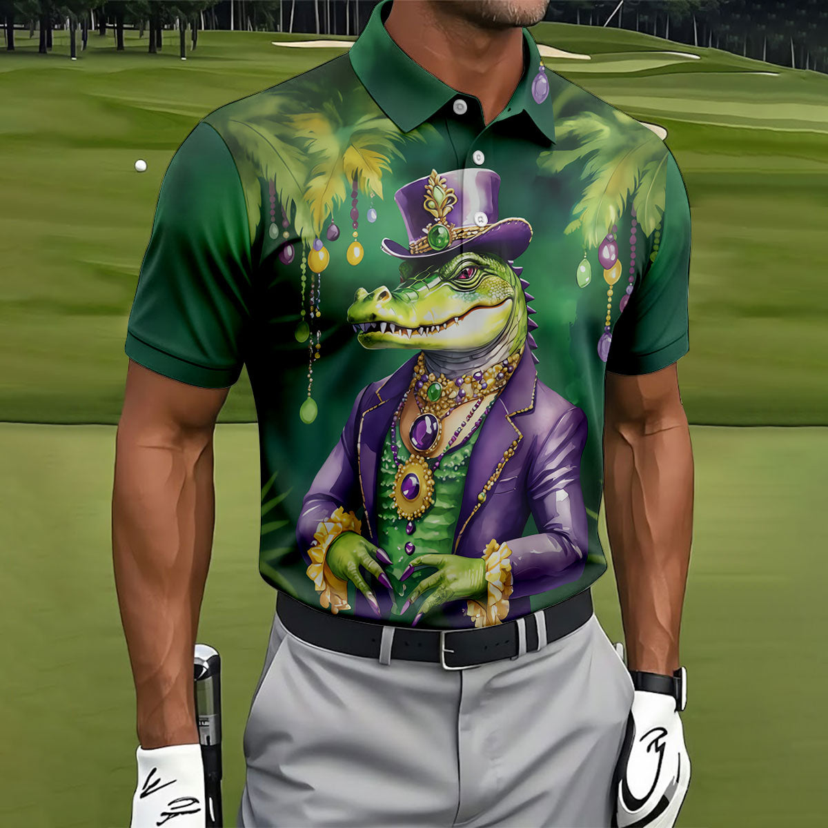 Mardi Gras Alligator Green Golf Shirt, Men's Funny Golf Shirts, Polo ShirtFor Men, Golf Shirts For Men