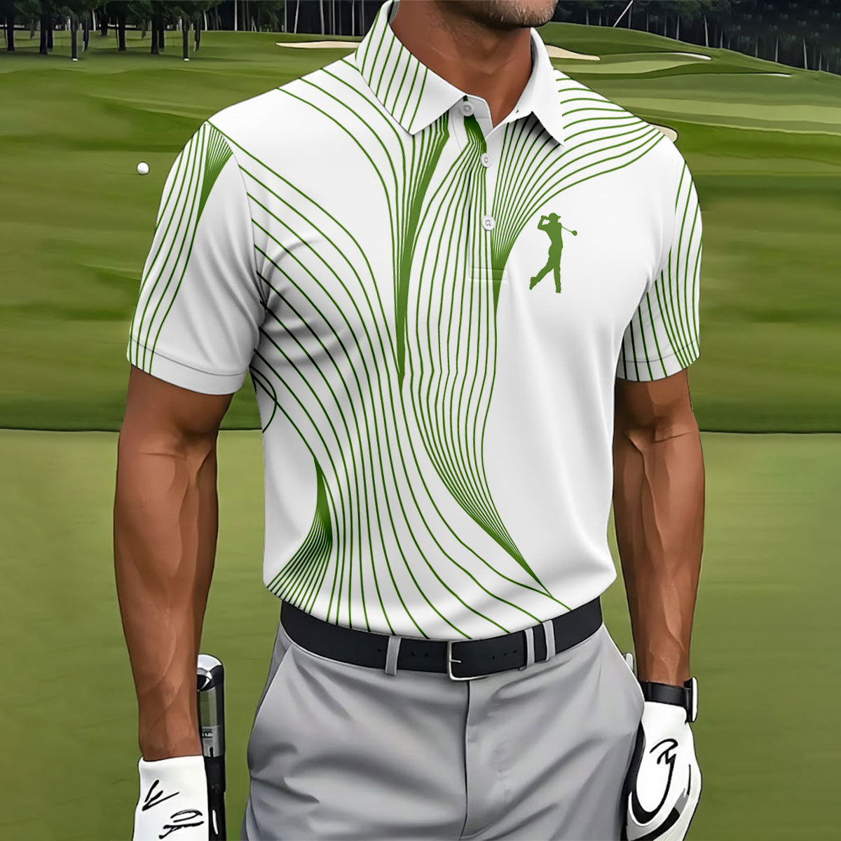 Geometric Line Wavy Line Green And White Golf Shirts For Men, Men's Golf Shirt, Polo ShirtFor Men