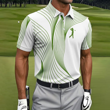 Geometric Line Wavy Line Green And White Golf Shirts For Men, Men's Golf Shirt, Polo ShirtFor Men