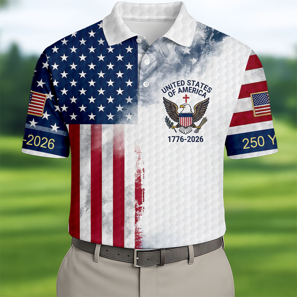 USA Flag Pattern 1776-2026 Distressed Vintage Golf Shirt, 250th Anniversary 4th Of July Golf Shirts For Men