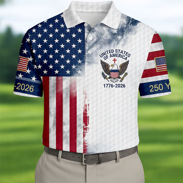USA Flag Pattern 1776-2026 Distressed Vintage Golf Shirt, 250th Anniversary 4th Of July Golf Shirts For Men