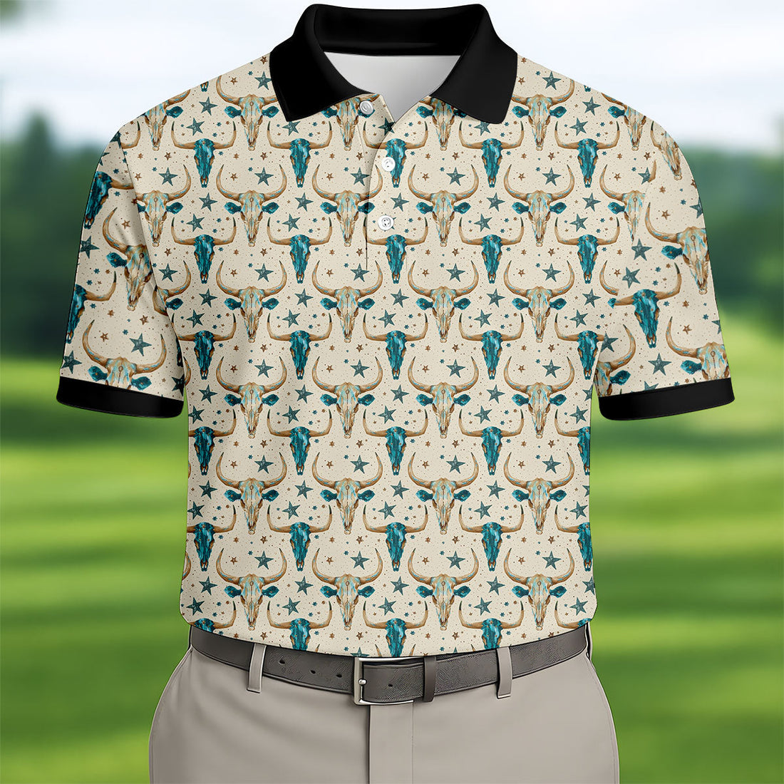 Cow Skulls Turquoise And Beige Western Theme Golf Tops For Men, Polo Shirtor Men, Golf Shirts For Men