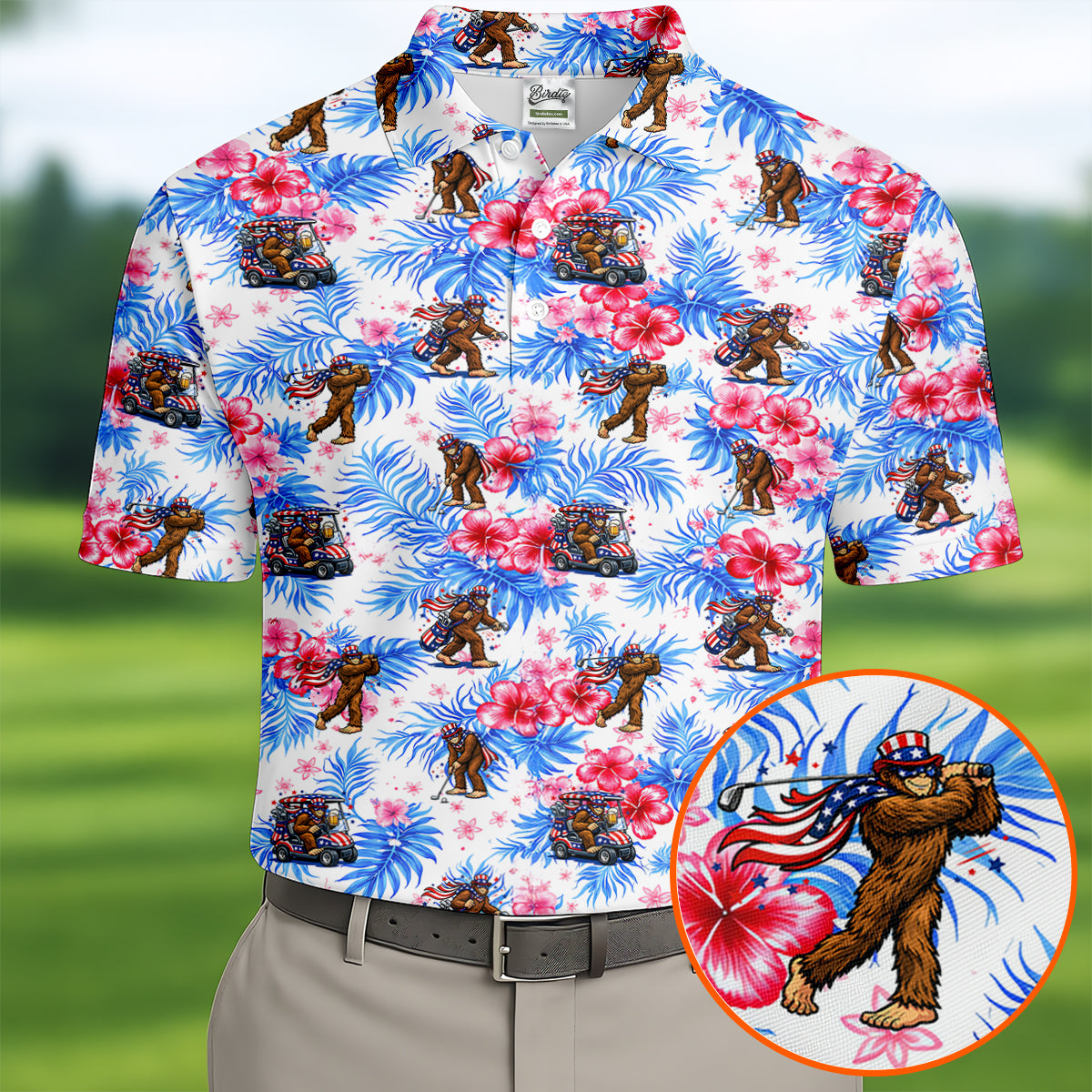 Funny Bigfoot Golf Pose 4th Of July Tropical Vibe Golf Shirts For Men, 250th Anniversary Patriotic Golf Shirt