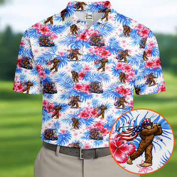 Funny Bigfoot Golf Pose 4th Of July Tropical Vibe Golf Shirts For Men, 250th Anniversary Patriotic Golf Shirt
