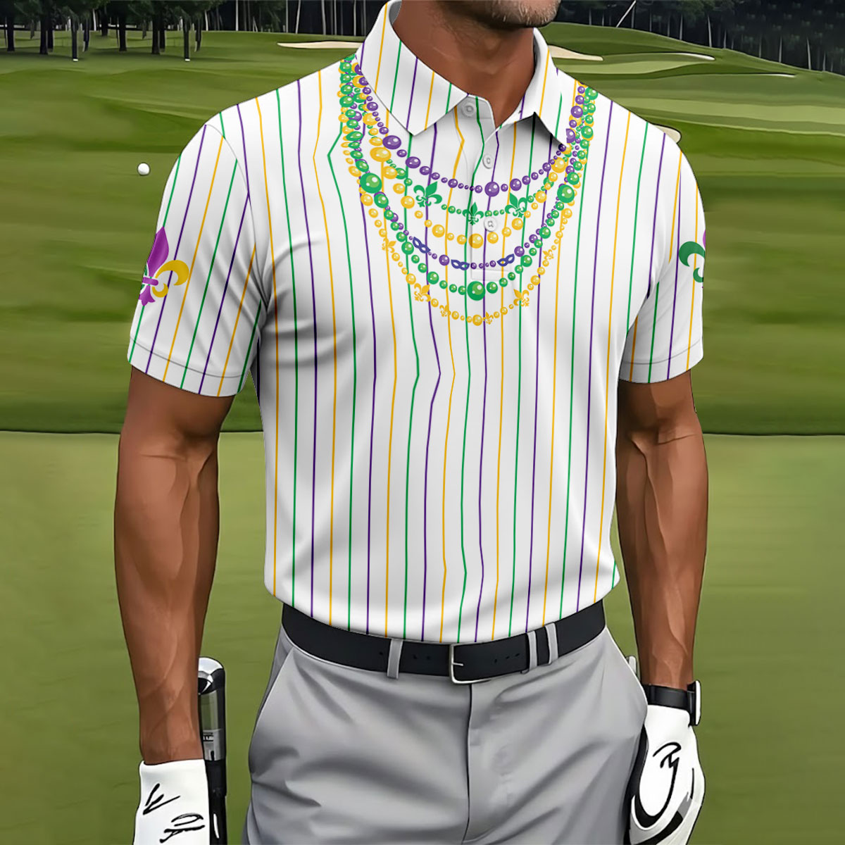 Mardi Gras Beads Necklaces Print White Golf Shirt, Golf Tops For Men, Polo ShirtFor Men, Golf Shirts For Men