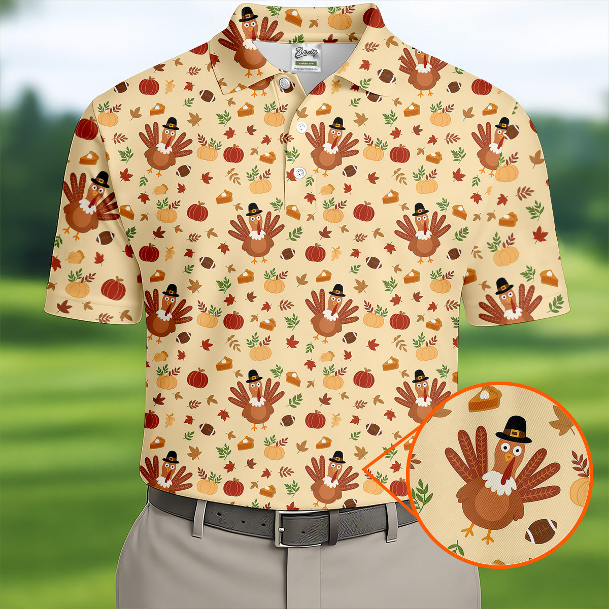 Turkey Pumpkin Thanksgiving Golf Tops For Men, Yellow Golf Shirt, Fun Golf Shirts For Men, Polo For Men