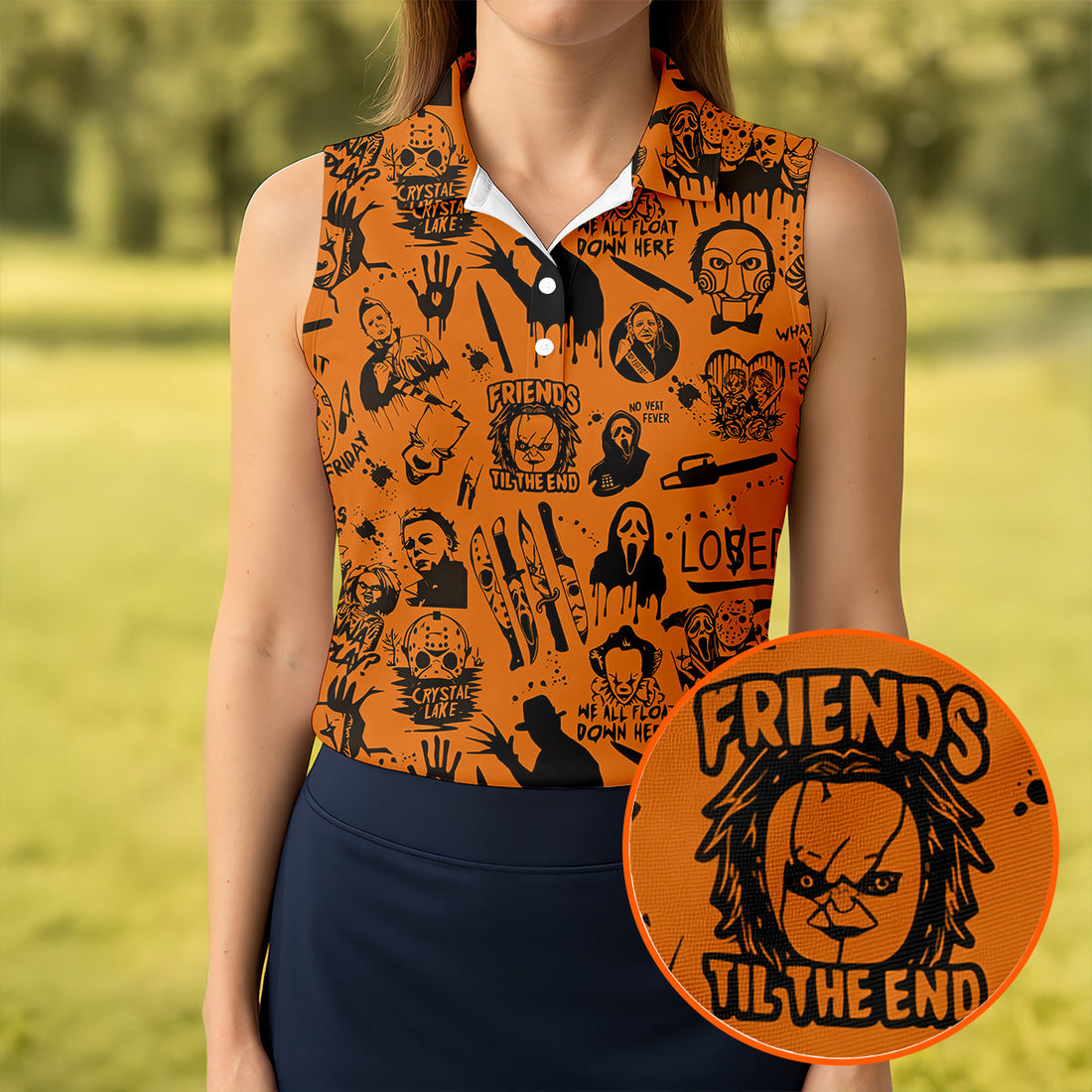 Orange Horror Character Icons Pattern Golf Polo Shirt for Halloween, Womens Golf Polo, Ladies Golf Shirts