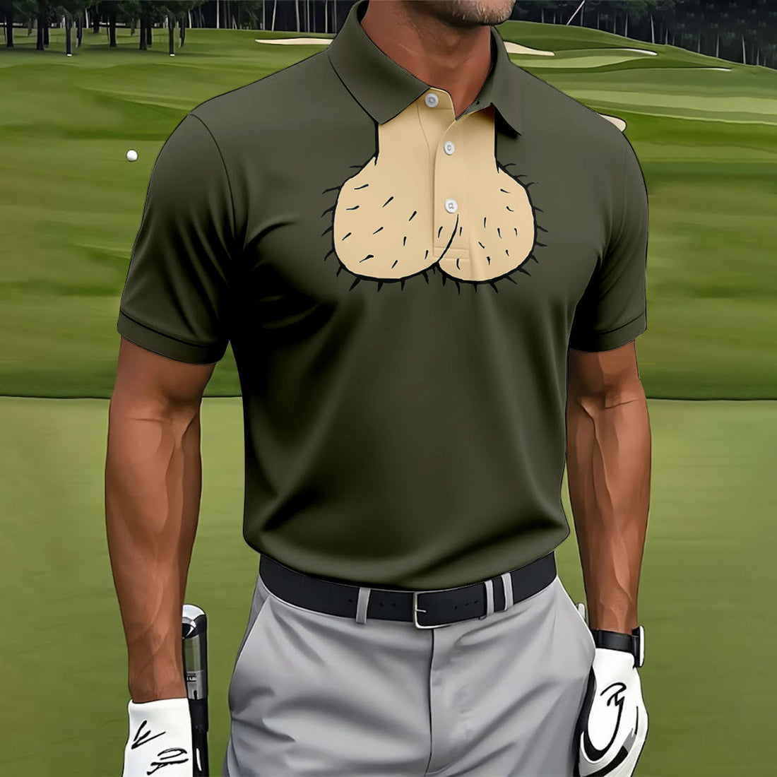 Olive Green Funny Dickhead Faux Chest Golf Shirt, Polo Shirts For Men, Golf Apparel For Men