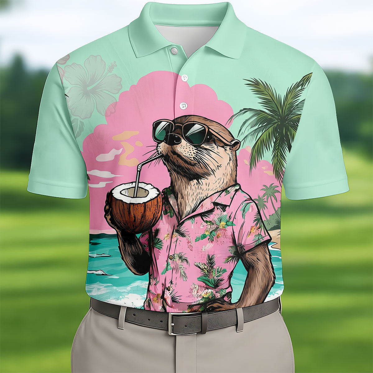 Funny Otter Tropical Summer Hawaiian Golf Shirt, Polo Shirtor Men, Golfing Apparel