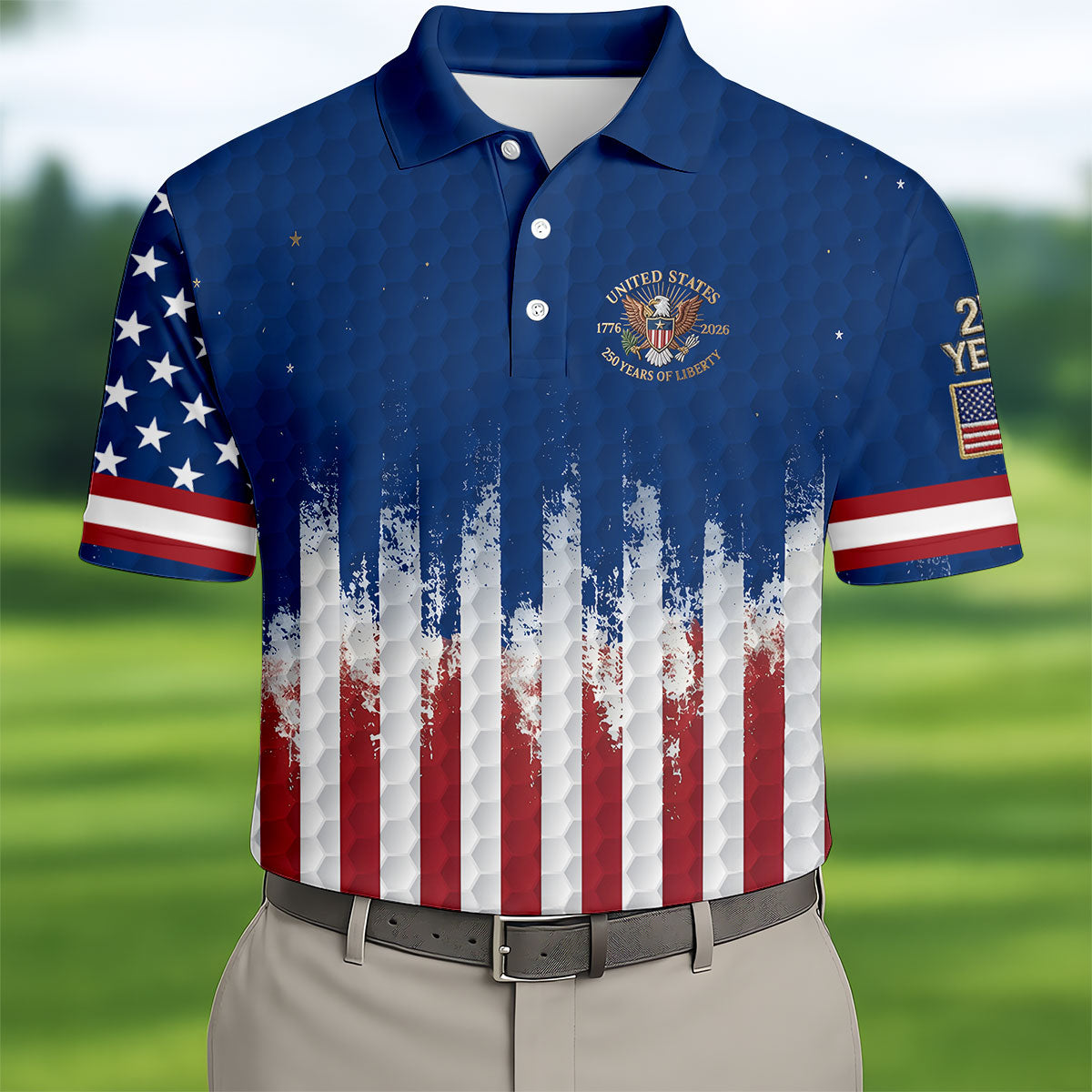 250 Years Of Liberty Distressed American Flag Golf Shirt, Patriotic 4th Of July Golf Shirts For Men