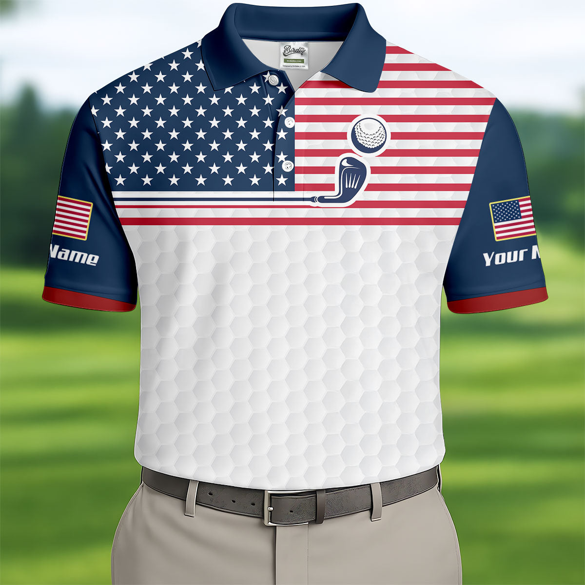 Patriot American Flag Golf Ball Pattern Golf Tops For Men, 250th Anniversary Patriotic Golf Shirt