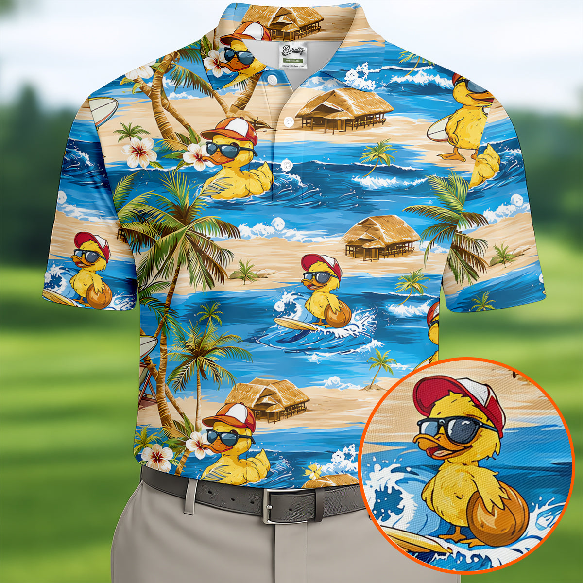 Cool Duck Hawaiian Golf Shirt, Surfing Duck Beach Men's Golf Polo, Polo Shirts For Men