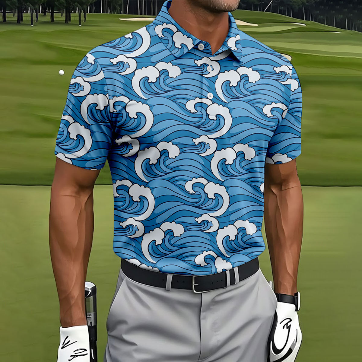 Japanese Wave Golf Shirt, Ocean Wave Pattern Men's Golf Polo, Polo Shirts For Men