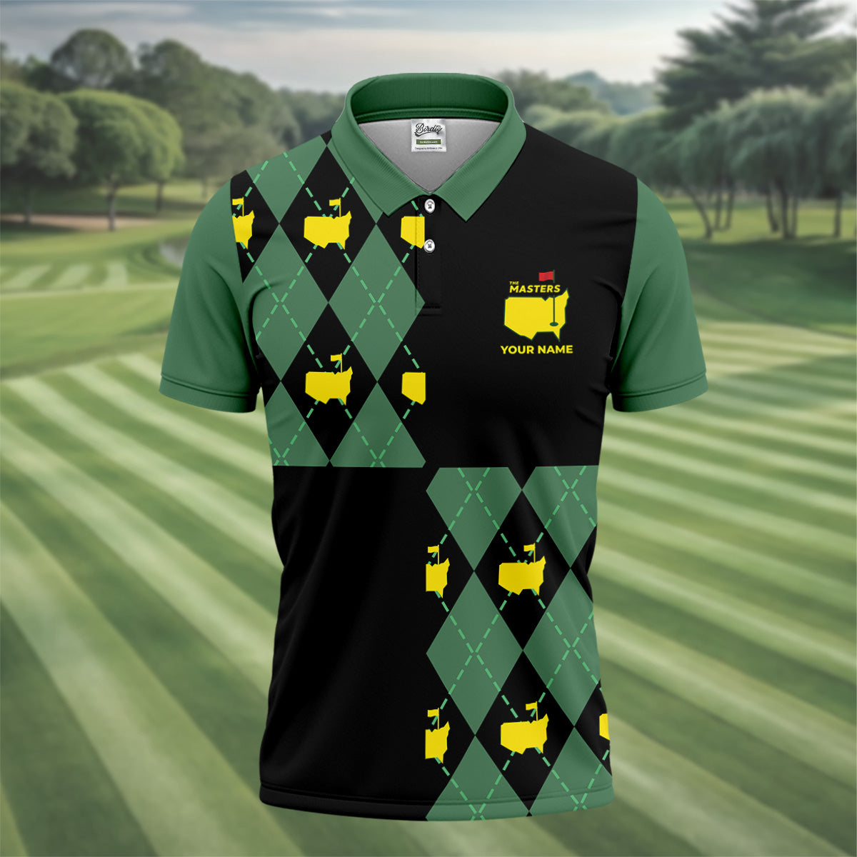 Green and Black Argyle Golf Shirt, Mens Golf Polo Shirt Cool Golf Gifts, Golfing Apparel