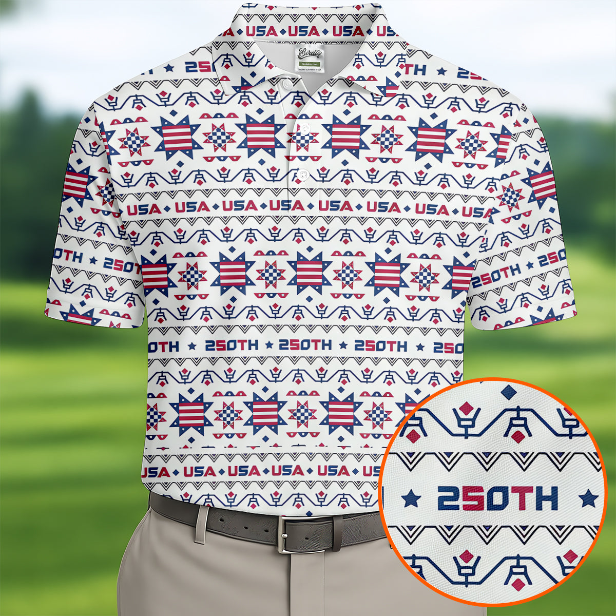 Red White Blue Ohio Star Quilt Pattern 4th Of July Golf Shirts For Men, 250th Anniversary Patriotic Golf Shirt