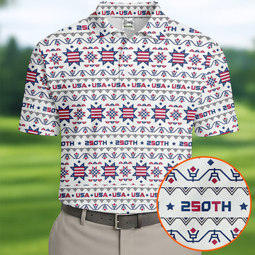 Red White Blue Ohio Star Quilt Pattern 4th Of July Golf Shirts For Men, 250th Anniversary Patriotic Golf Shirt