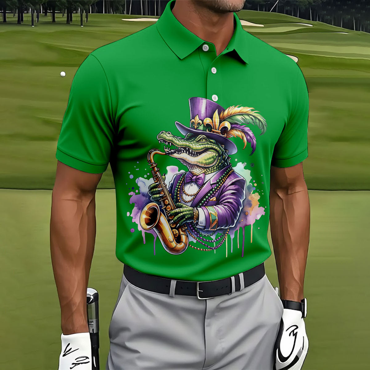 Mardi Gras Alligator Playing Saxophone Green Golf Shirt, Golf Shirts For Men, Polo ShirtFor Men