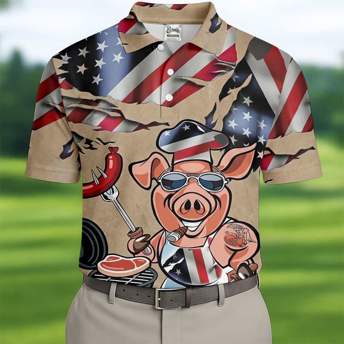 Patriotic American Flag Funny BBQ 250th Anniversary Dark Beige Polo ShirtFor Men, Golf Shirts For Men