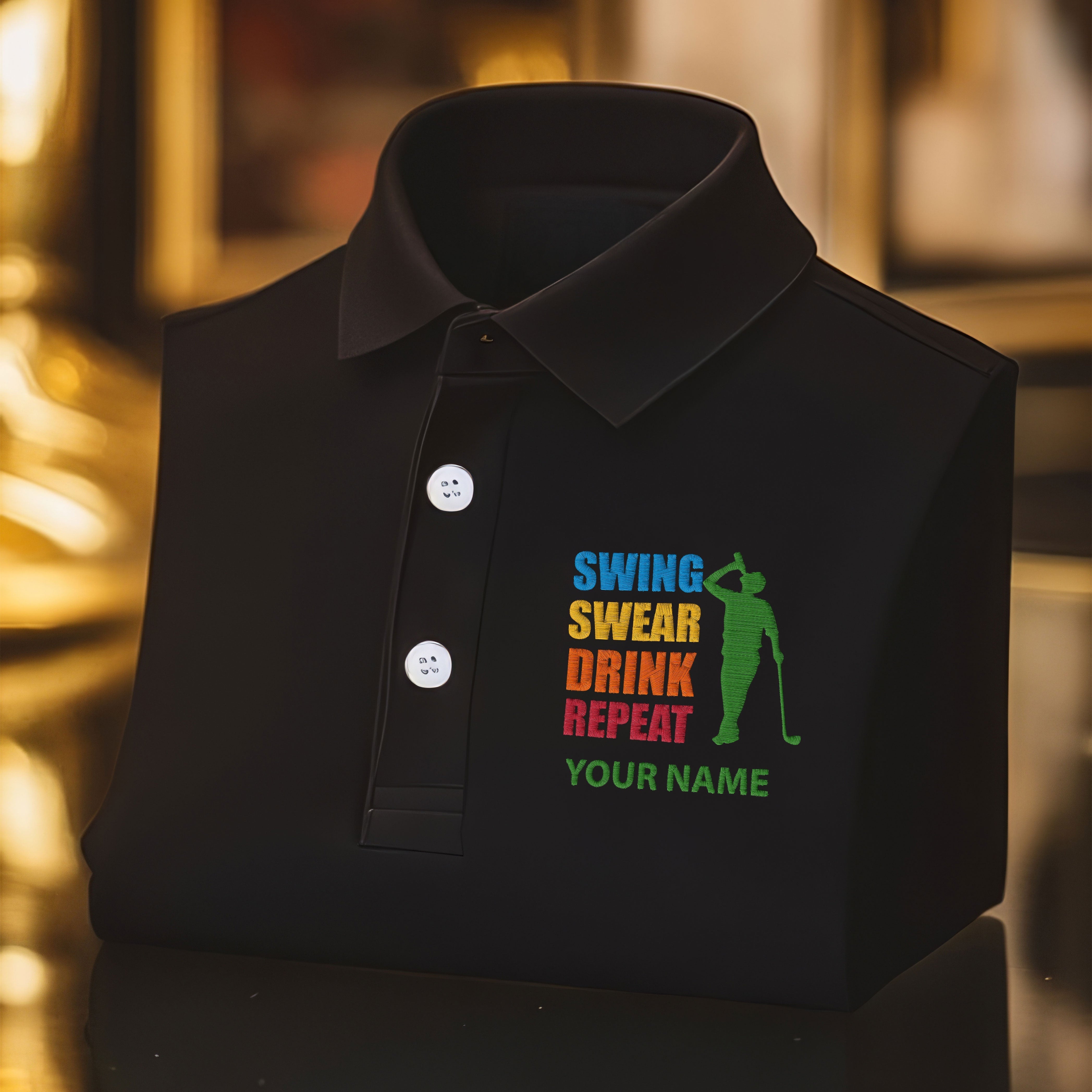 Swing Swear Drink Repeat Custom Embroidery Polo ShirtMens Golf Shirt, Dad Golf Gift