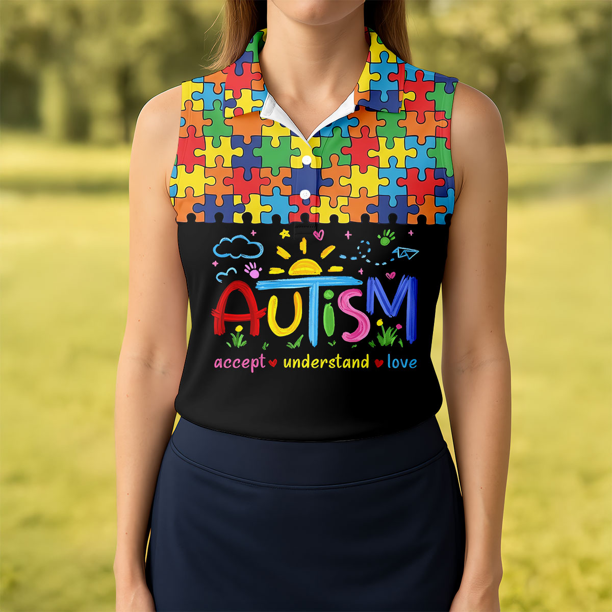 Awareness Accept Understand Love Colorful Puzzle Golf Shirt, Ladies Golf Shirts, Ladies Golf Polos