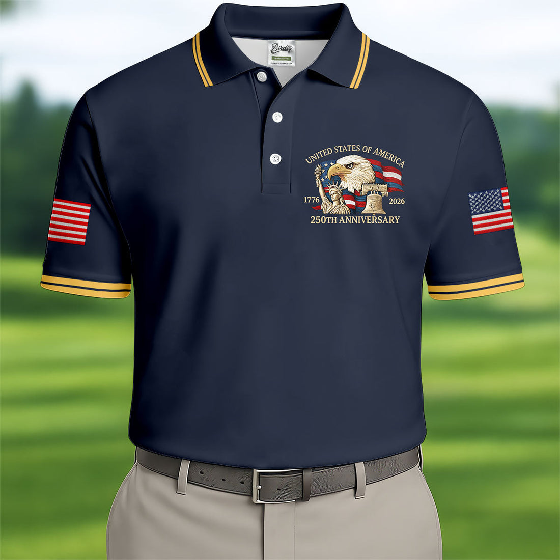 Bald Eagle American Flag 250 Years Navy Golf Shirt, Patriotic 4th Of July Golf Shirts For Men