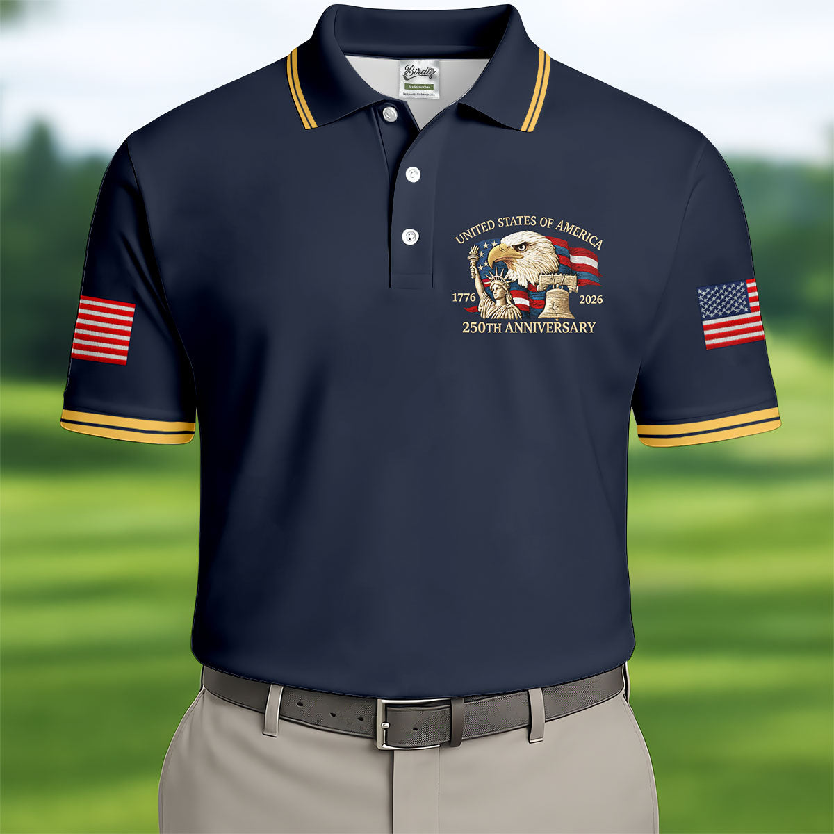 Bald Eagle American Flag 250 Years Navy Golf Shirt, Patriotic 4th Of July Golf Shirts For Men