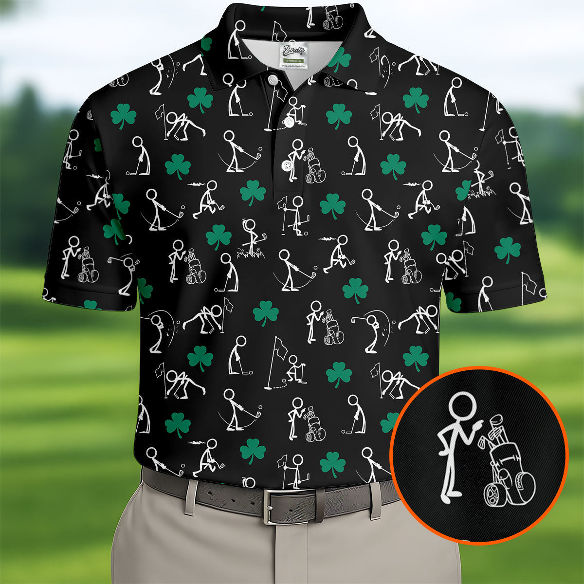 Stick Figure Golf Pose St Patrick's Day Shamrock Black Golf Shirt, Polo ShirtFor Men, Golf Shirts For Men