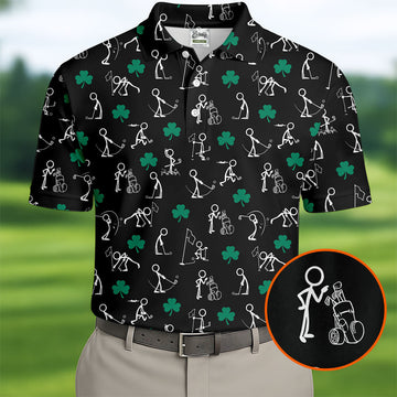 Stick Figure Golf Pose St Patrick's Day Shamrock Black Golf Shirt, Polo ShirtFor Men, Golf Shirts For Men