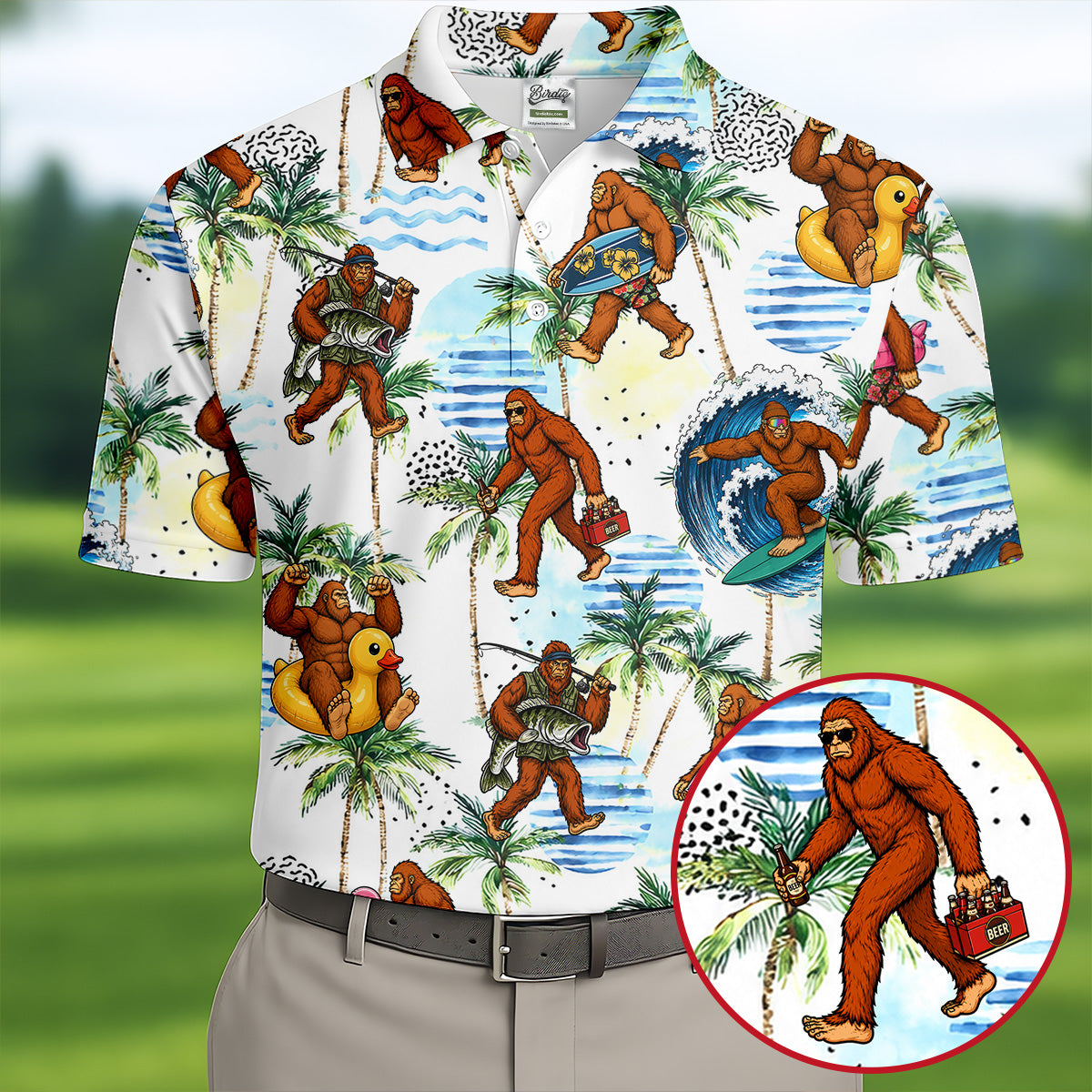 Tropical Bigfoot Surfing Fishing Beach Golf Shirt, Hawaiian Golf Shirt, Golf Apparel For Men, Mens Golf Shirts