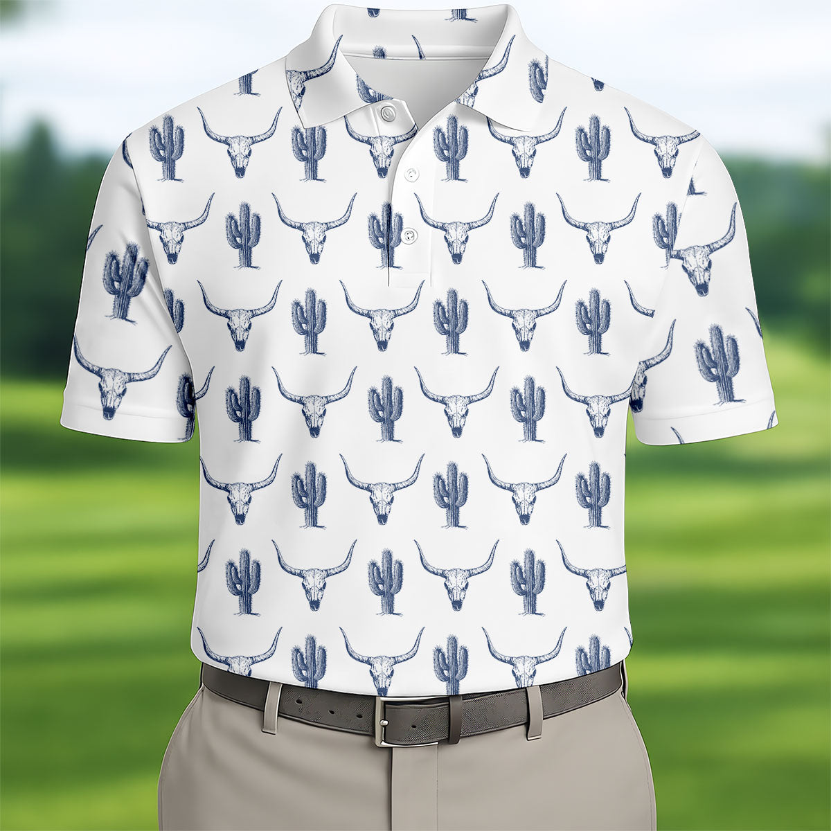 Western Longhorn And Cactus Pattern Hawaiian Golf Shirt, Golf Shirts For Men, Polo Shirts For Men