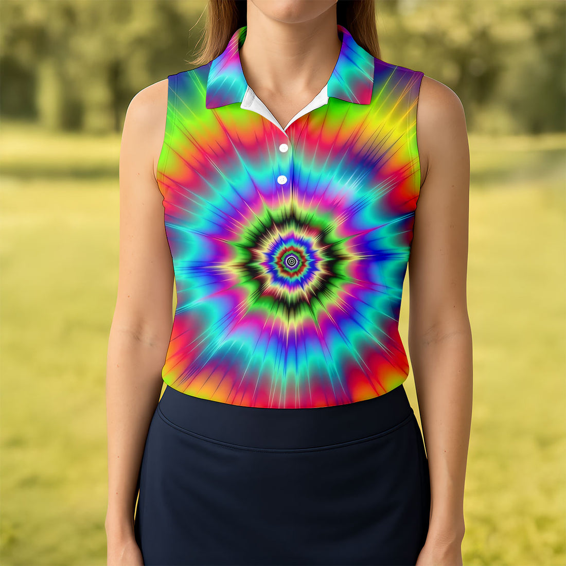 Rainbow Tie Dye Golf Shirt, Psychedelic Spiral Burst Pattern, Golf Shirt For Women
