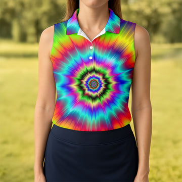 Rainbow Tie Dye Golf Shirt, Psychedelic Spiral Burst Pattern, Golf Shirt For Women