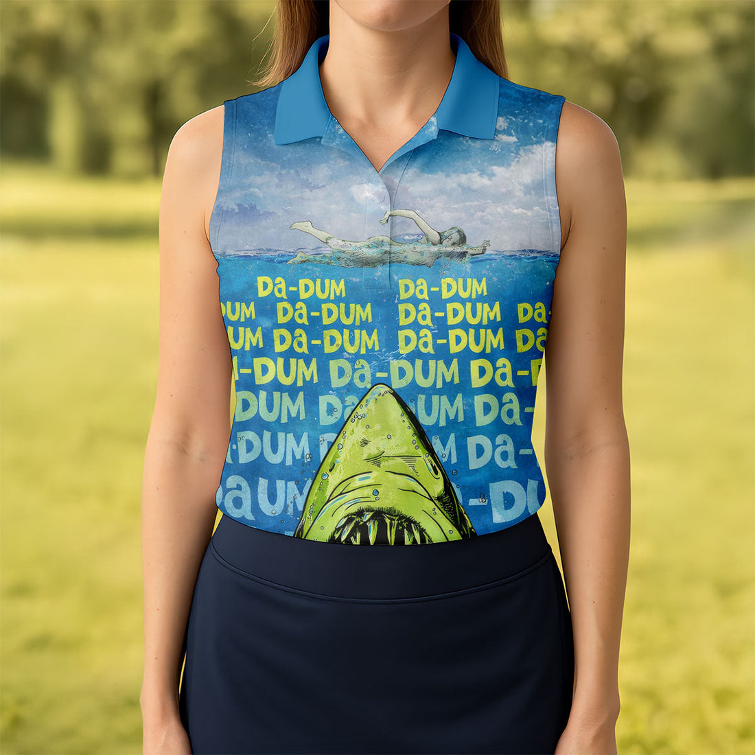 Funny Shark Da Dum Ocean Attack Golf Polo Shirt, Golf Shirts For Women, Women's Golf Apparel